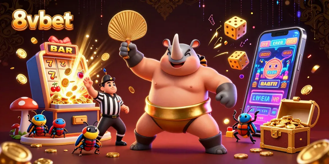 Experience excitement with 8vbet's dynamic casino action, featuring a whimsical sumo beetle champion and rich gold rewards.